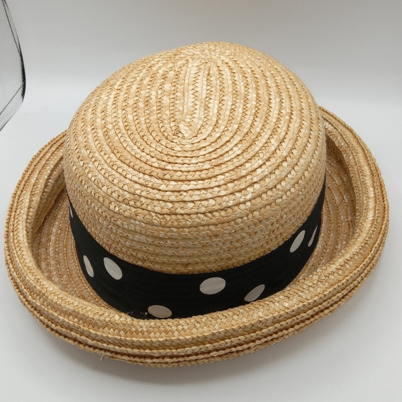 Yellow Rafia Straw hat with black ribbon and white dots print - Picture 3 of 6